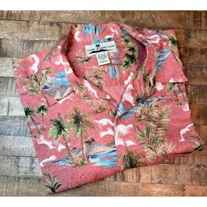 Island Connection Honolulu Mens Hawaiian Shirt L Pink Cotton Tropical Palm Tree